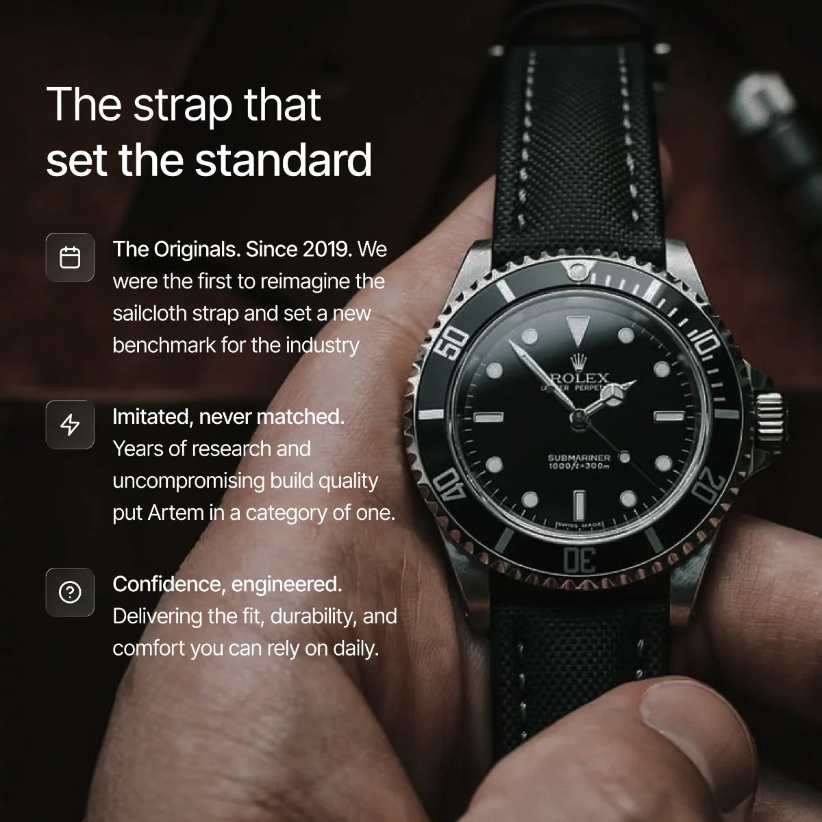 Watch with a black strap held by a hand, text highlighting features on a dark background
