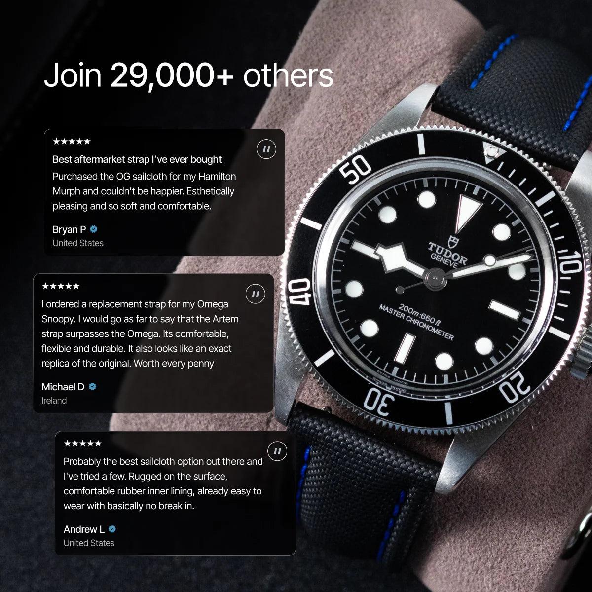 Tudor watch with black dial and blue strap, surrounded by customer reviews on a dark background.