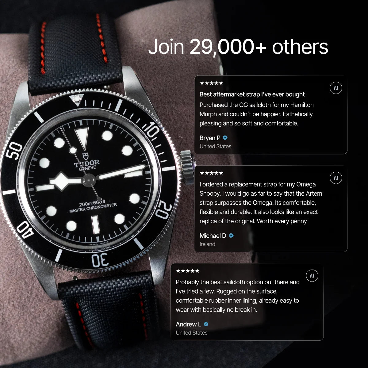Black Tudor watch with customer reviews displayed on a dark background