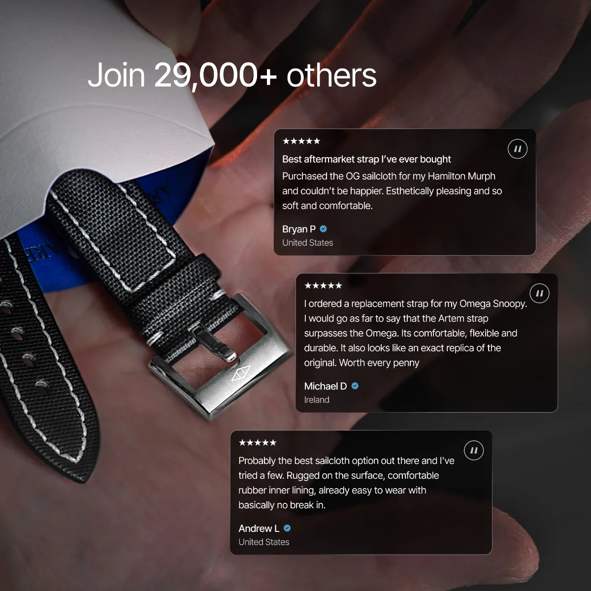 Black watch strap with text reviews on a blurred background