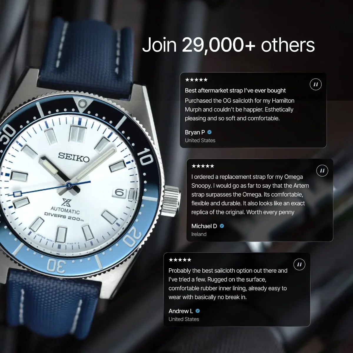 Seiko watch with blue strap and white face, displayed with customer reviews on a blurred background.