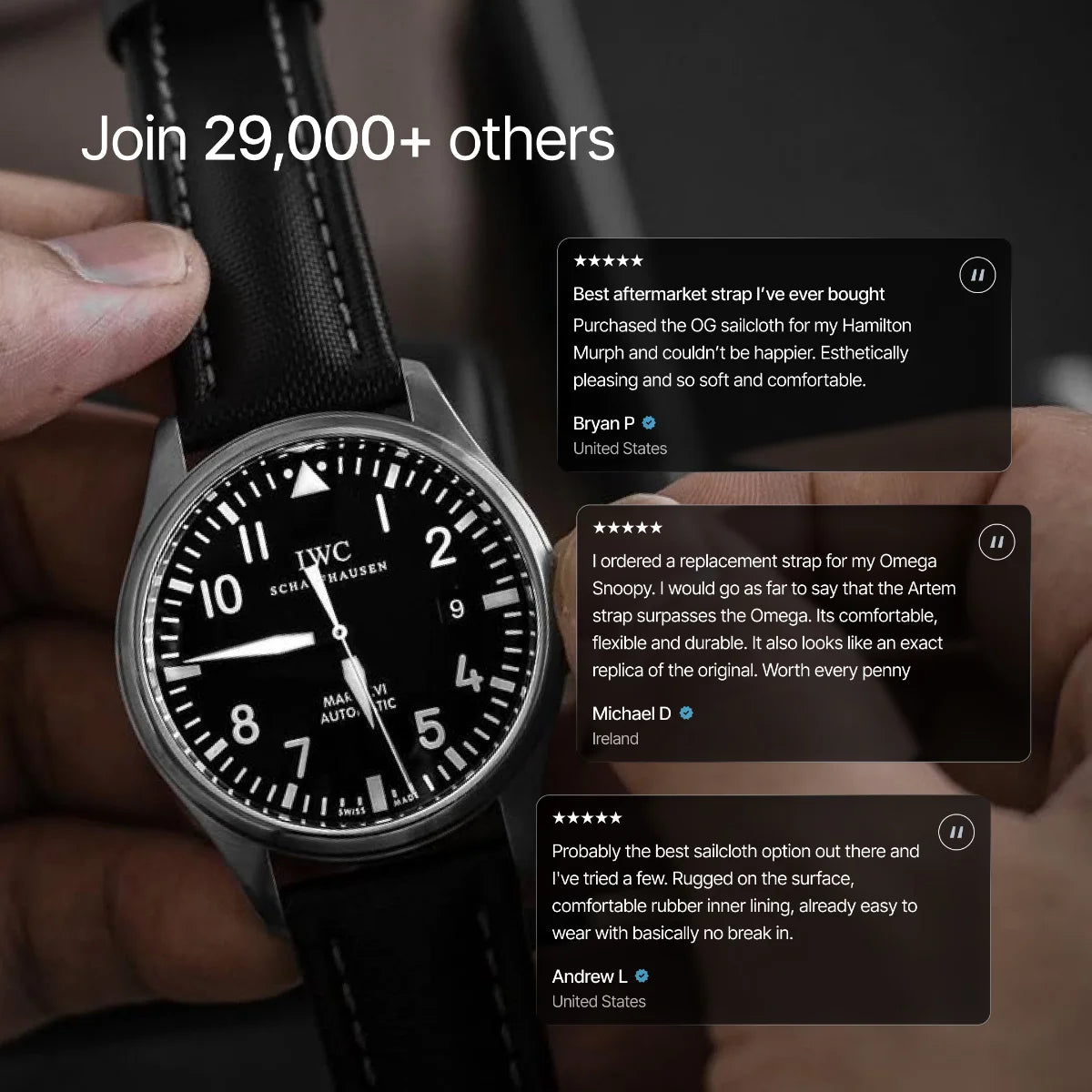 IWC watch with customer reviews displayed on a blurred background
