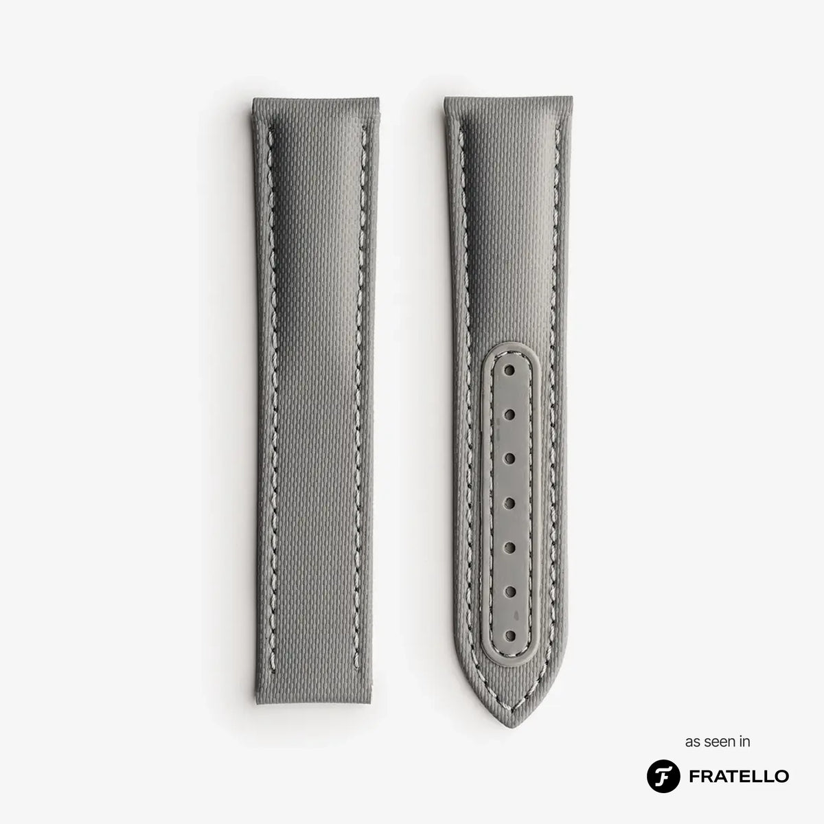 Gray watch strap with stitching detail on a white background, branded 'Fratello'.