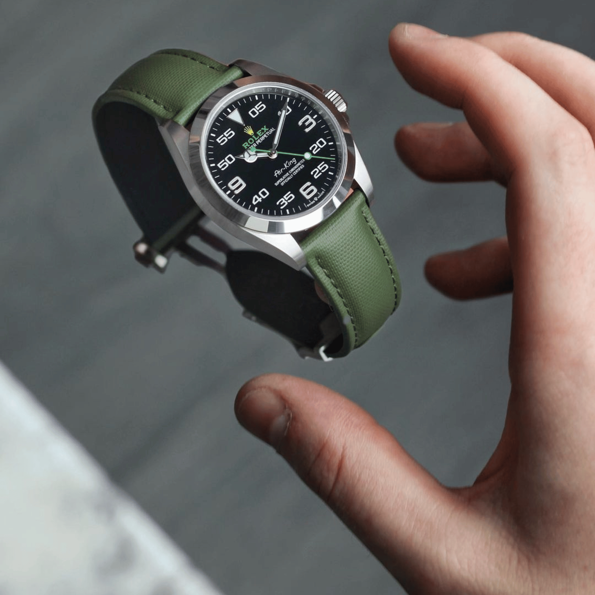 Loop-Less™ Khaki Green Sailcloth Watch Strap with Green Stitching