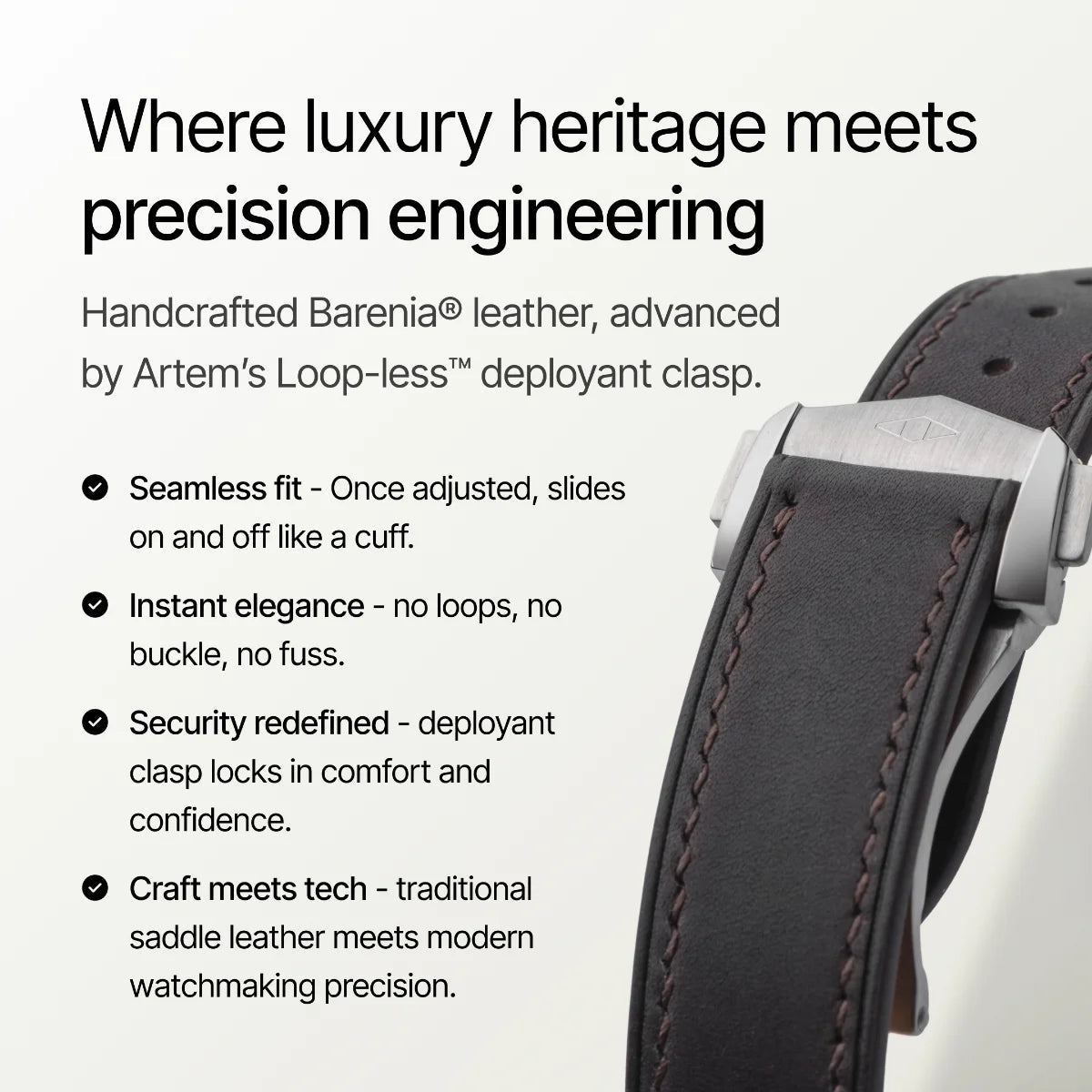 Watch strap with text highlighting luxury heritage and precision engineering