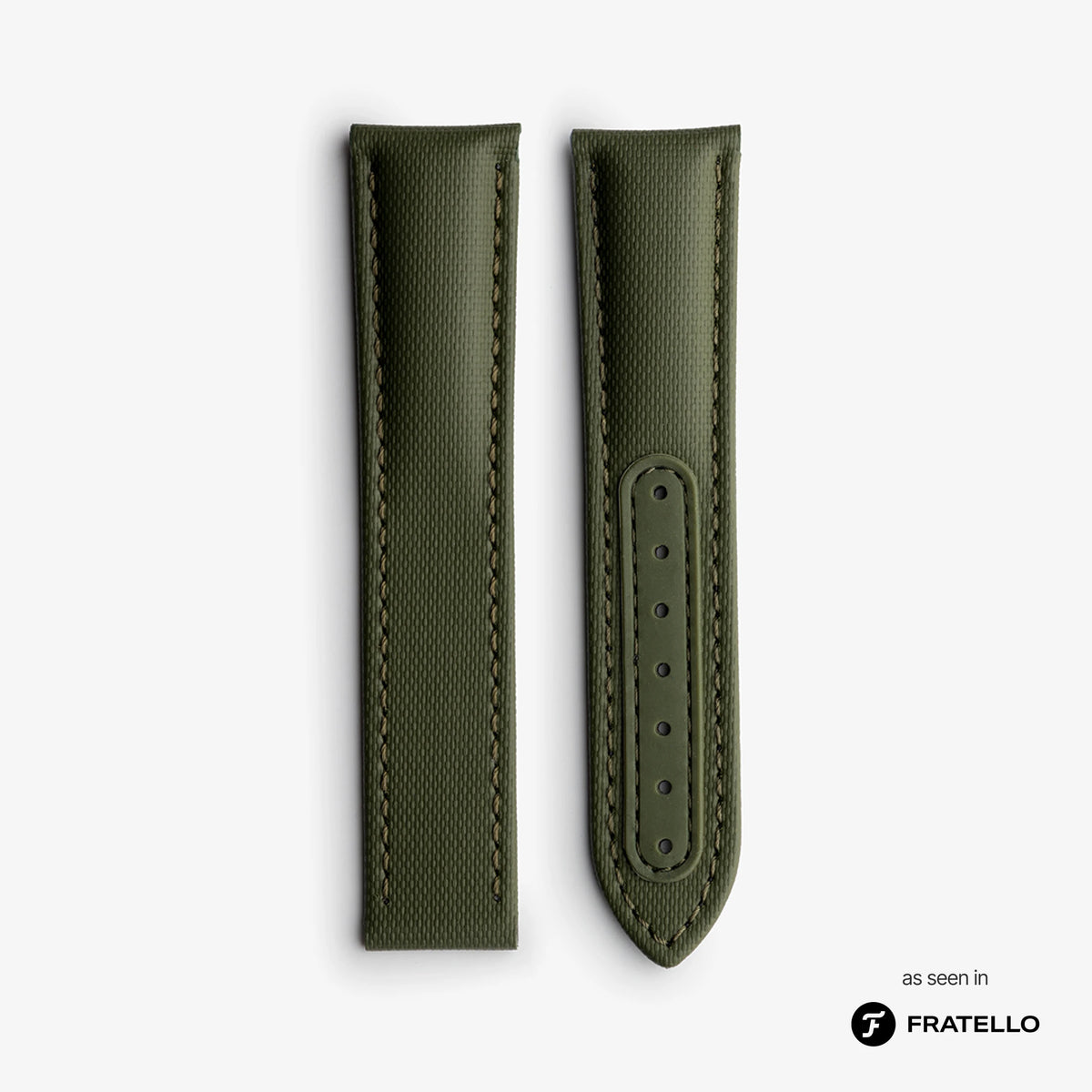 Green leather watch strap on a light gray background with 'Fratello' branding.