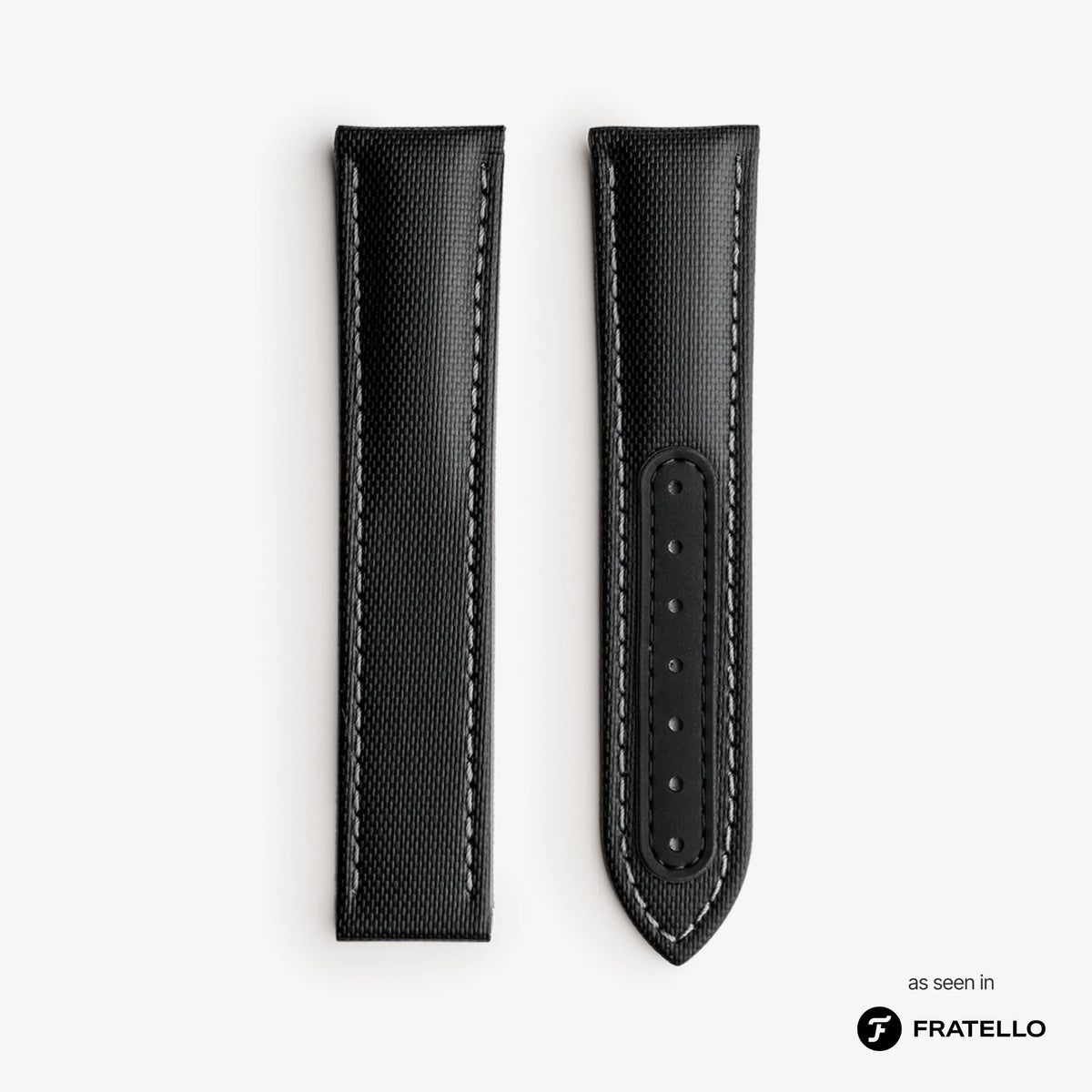 Black leather watch strap on a white background with 'Fratello' branding.