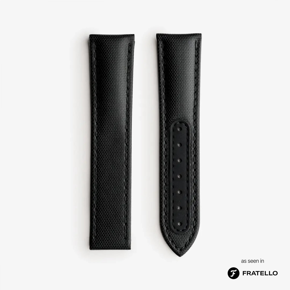 Black leather watch strap on a white background with 'Fratello' branding.