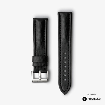 Black watch strap with silver buckle on a white background