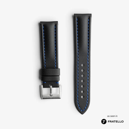 Black watch strap with blue stitching on a white background, branded 'Fratello'