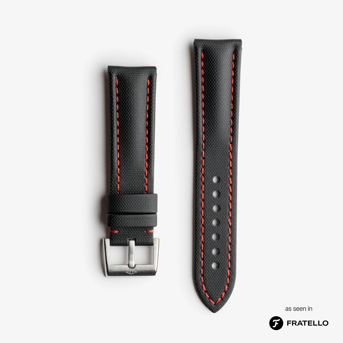Black watch strap with red stitching on a white background, branded 'Fratello'.