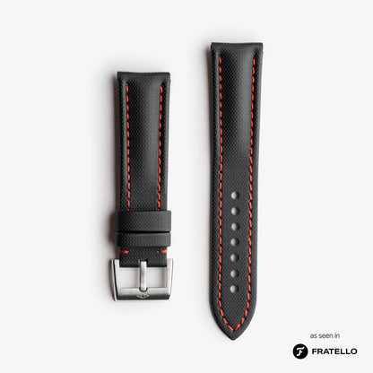 Black watch strap with red stitching on a white background, branded 'Fratello'.