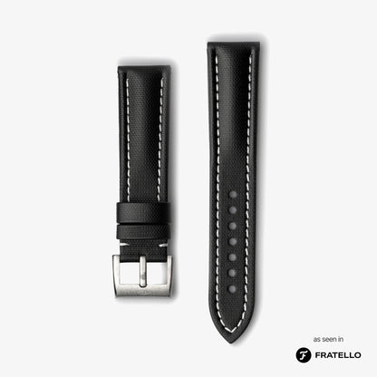 Black watch strap with white stitching