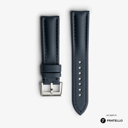 Black watch strap with silver buckle on a light gray background, featuring the Fratello brand.