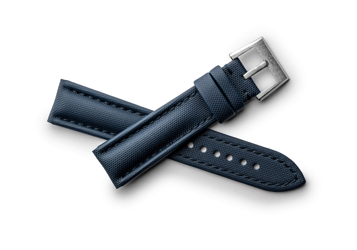 Loop-less navy blue saicloth watch strap with navy blue stiching