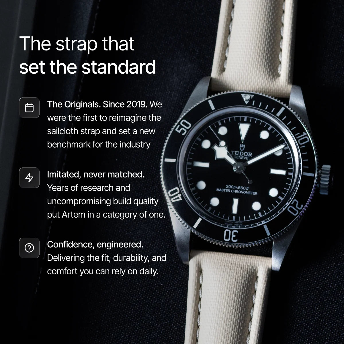 Watch with beige strap and black dial on a dark background
