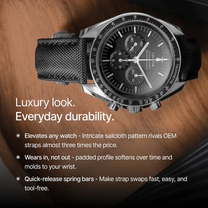 Luxury watch with text highlighting features on a wooden surface