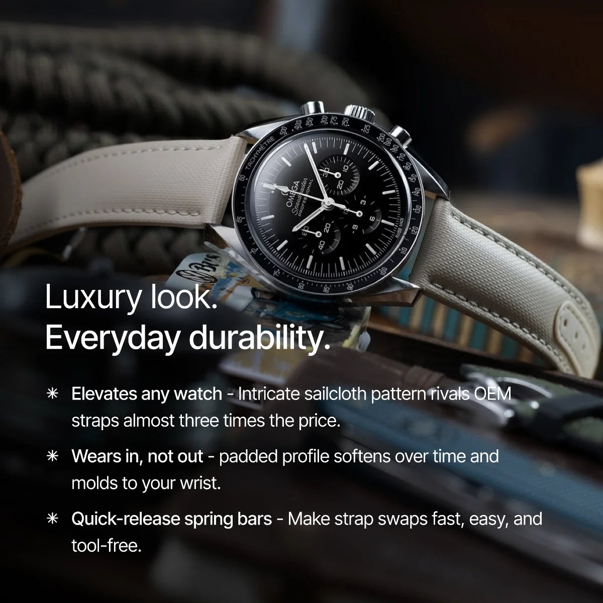 Luxury watch with beige strap and black dial on a blurred background
