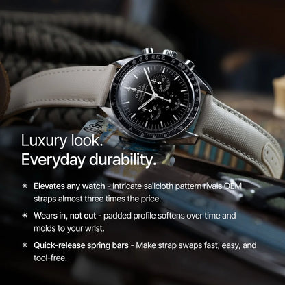 Luxury watch with beige strap and black dial on a blurred background