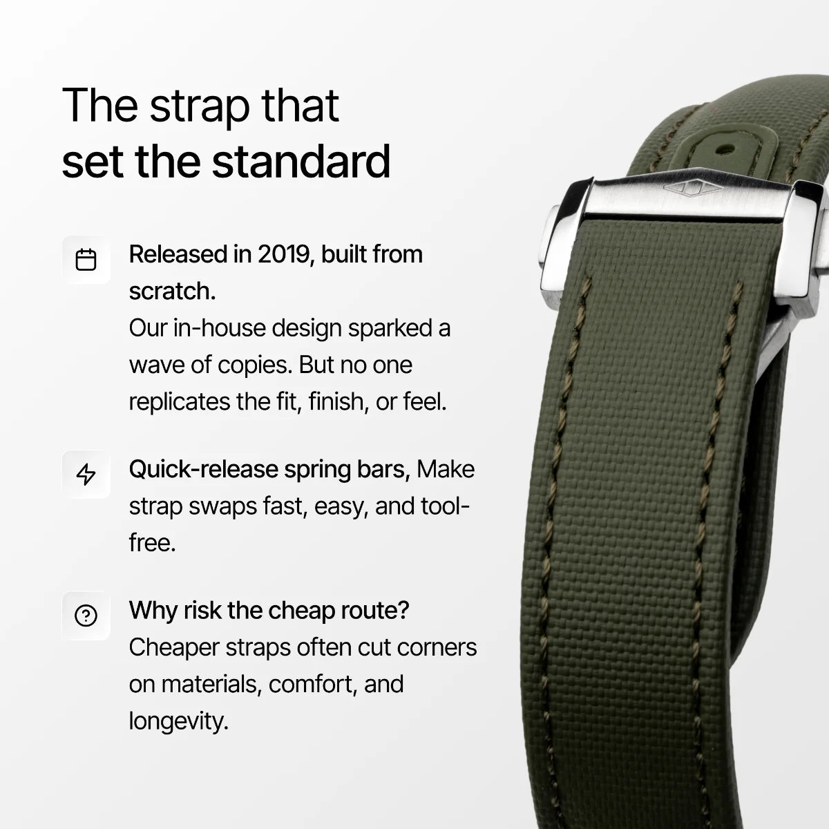 Green watch strap with silver buckle on a light gray background