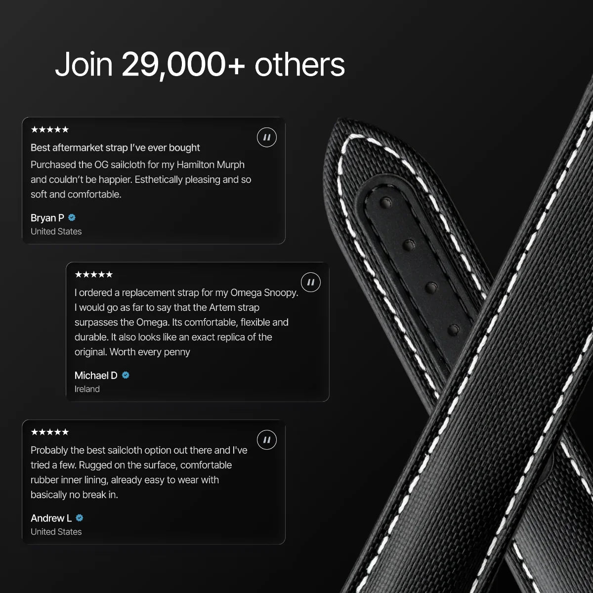 Black leather strap with white stitching on a dark background, featuring customer reviews.