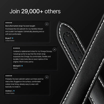 Black leather strap with white stitching on a dark background, featuring customer reviews.
