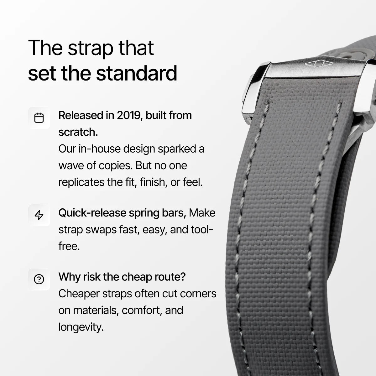 Gray watch strap with text highlighting features and benefits on a white background