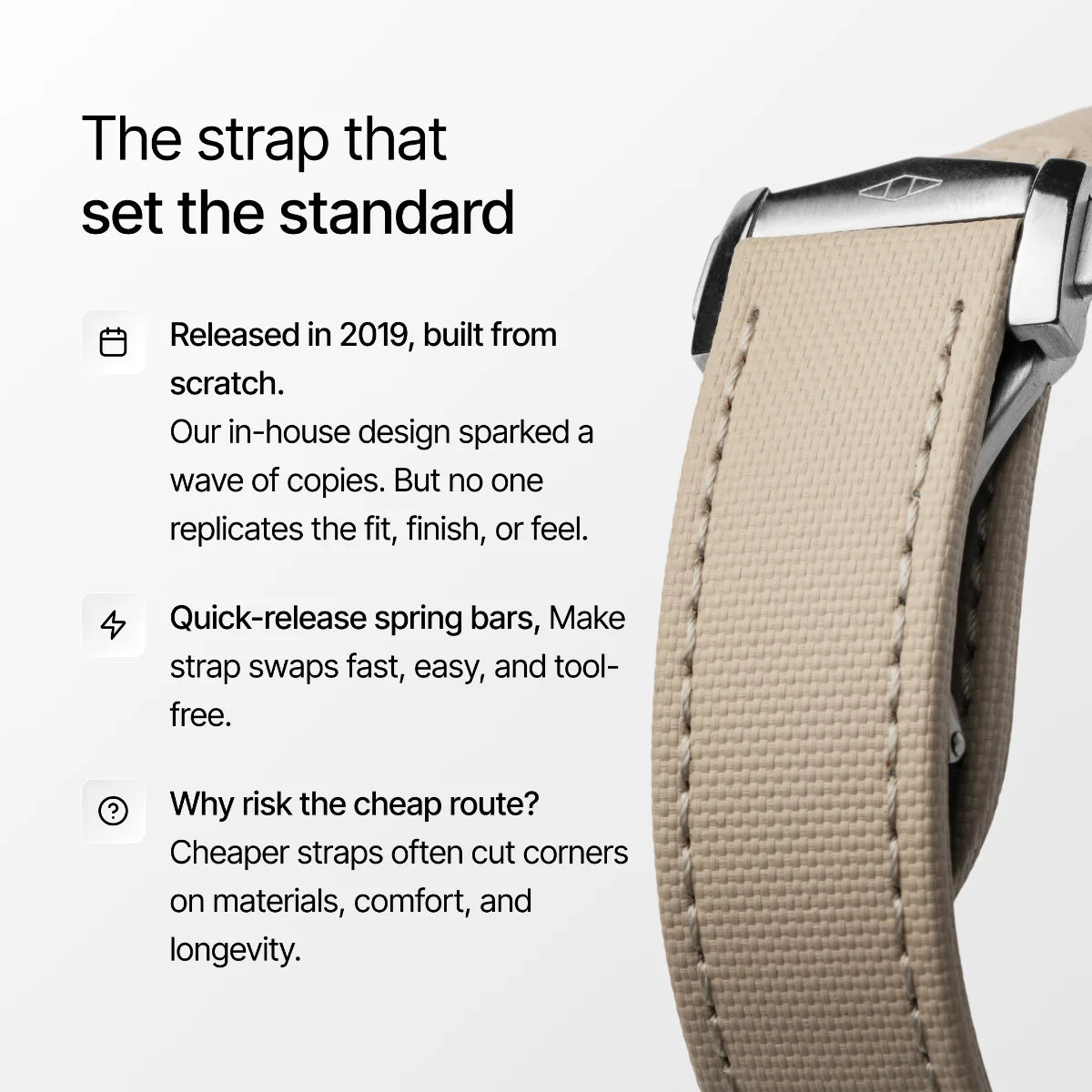 Beige watch strap with text on a white background