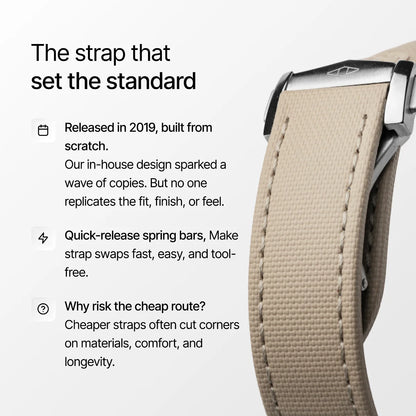 Beige watch strap with text on a white background