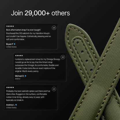 Green leather strap with customer reviews on a black background