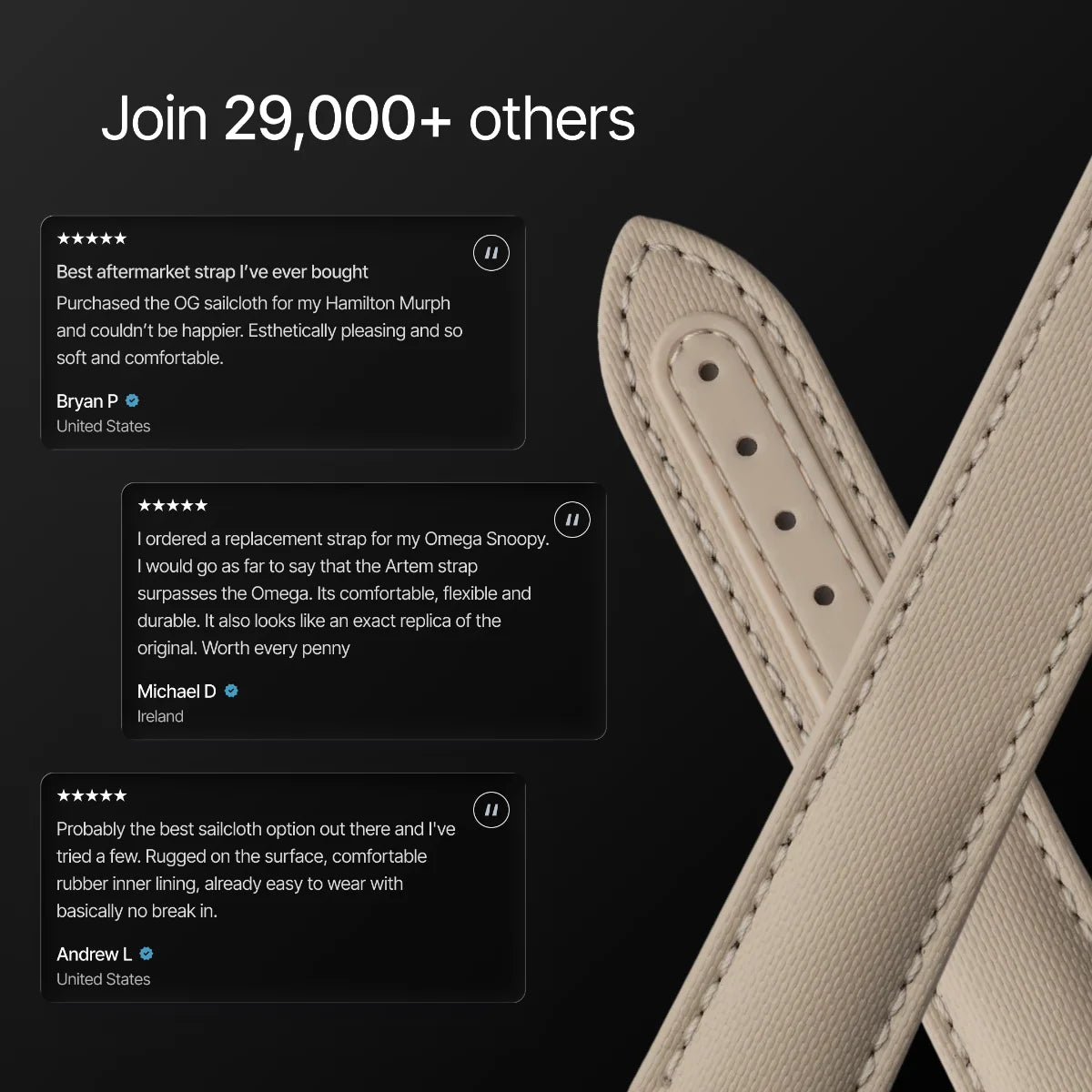 Leather strap with customer reviews on a black background