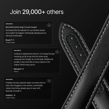 Black leather strap with customer reviews on a dark background