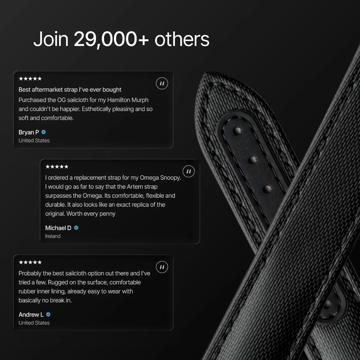 Black leather strap with customer reviews on a dark background