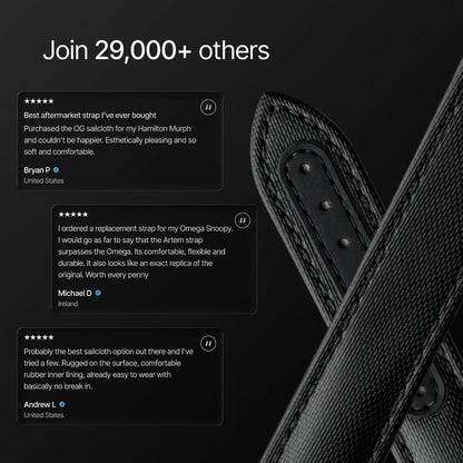 Black leather strap with customer reviews on a dark background