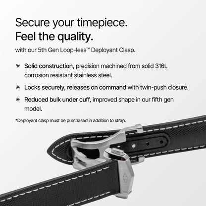 5th Gen Loop-less Deployant Clasp with text on solid construction and features