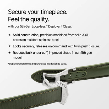 Green watch strap with silver deployant clasp on a white background, featuring text about the clasp's features.