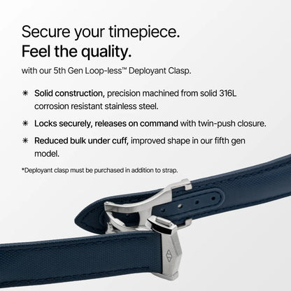 Watch strap with 5th Gen Loop-less Deployant Clasp on a white background