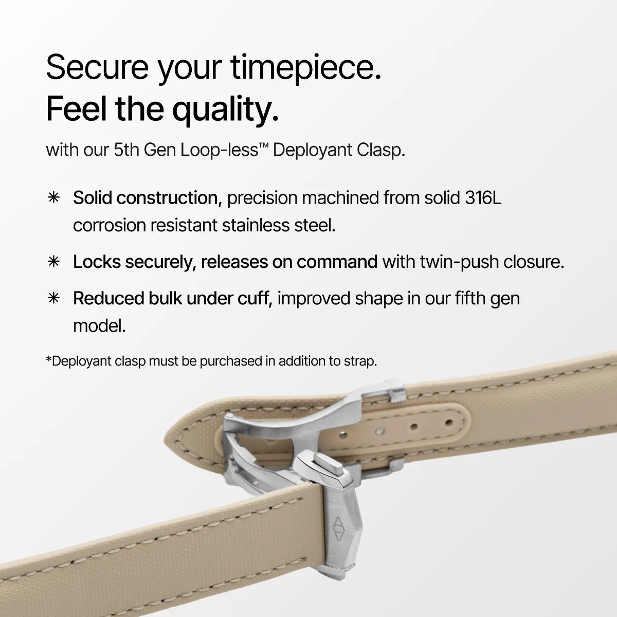 Beige watch strap with silver clasp on a white background, featuring text about the clasp's features.