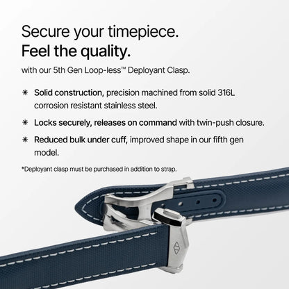 Wristwatch strap with deployant clasp on a white background, featuring text about product features.