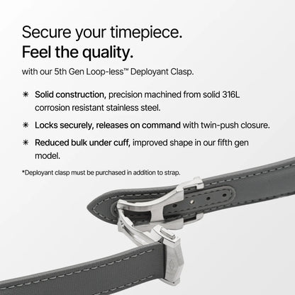 Gray watch strap with a deployant clasp on a white background, featuring text about the clasp's features.