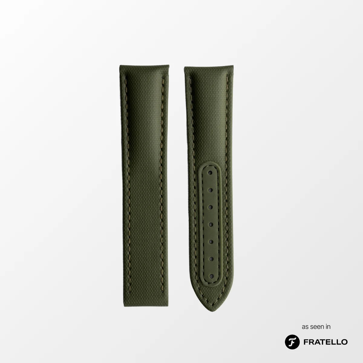 Green leather watch strap on a light gray background with 'Fratello' branding.
