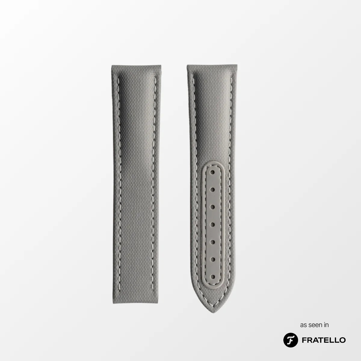 Gray watch strap with stitching detail on a white background, branded 'Fratello'.