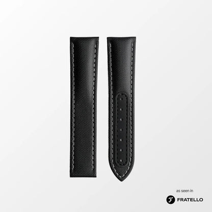 Black leather watch strap on a white background with 'Fratello' branding.