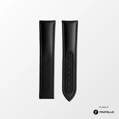 Black leather watch strap on a white background with 'Fratello' branding.