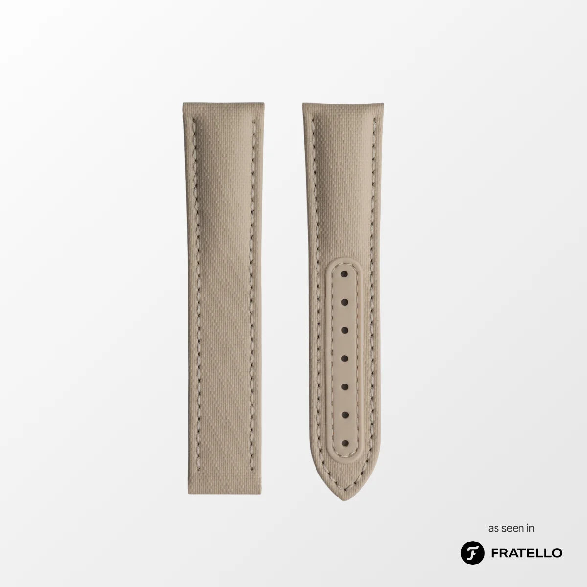 Beige watch strap on a white background with Fratello branding.