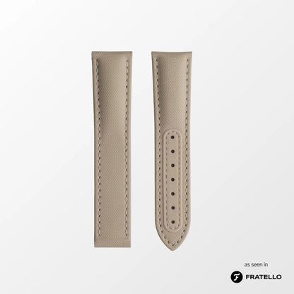 Beige watch strap on a white background with Fratello branding.