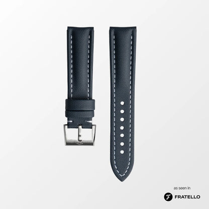 Black watch strap with white stitching on a light gray background, featuring the Fratello brand.