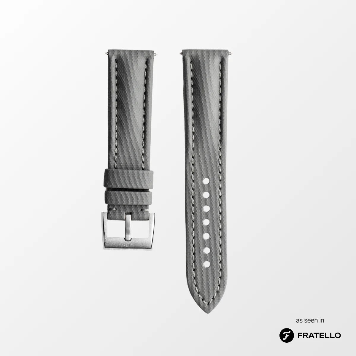 Gray watch strap with silver buckle on a white background, branded 'Fratello'.