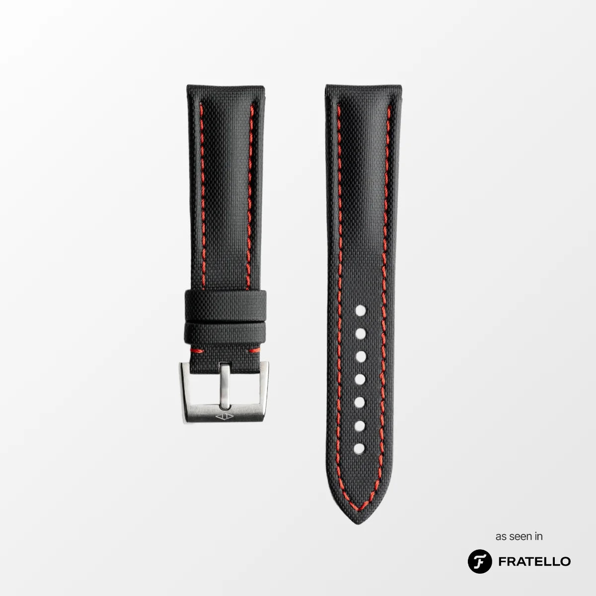 Black watch strap with red stitching on a white background, branded 'Fratello'.