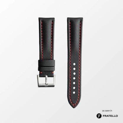 Black watch strap with red stitching on a white background, branded 'Fratello'.